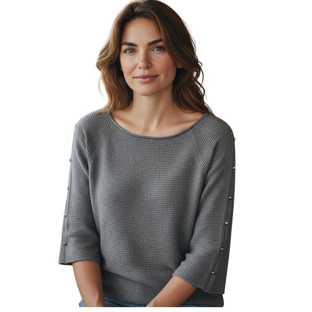 WHITE HOUSE BLACK MARKET Gray Ribbed 3/4 Sleeve Sweater Top with Button Detail M